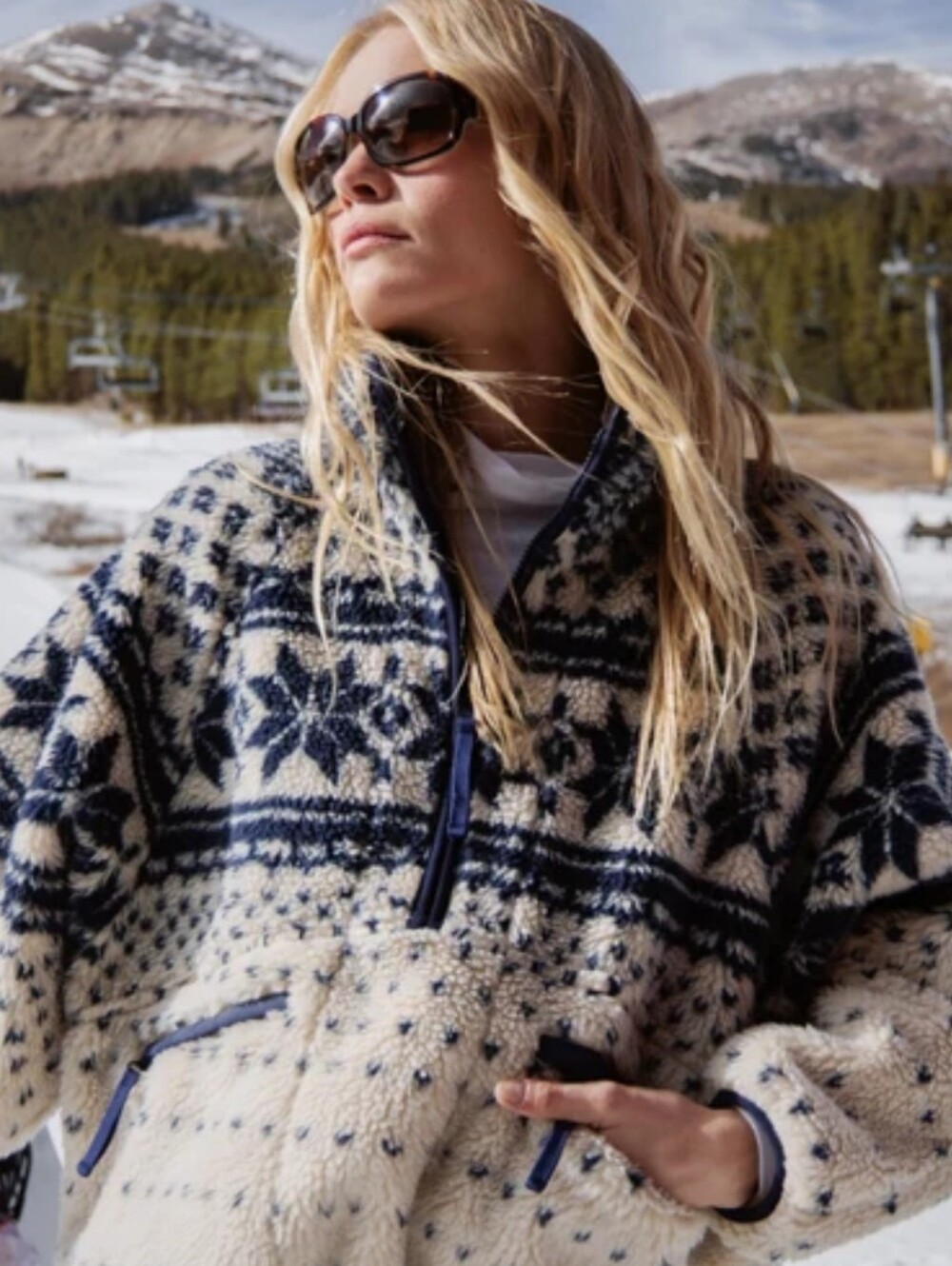 L.L. Bean Sherpa Pullover with Navy Nordic Pattern L